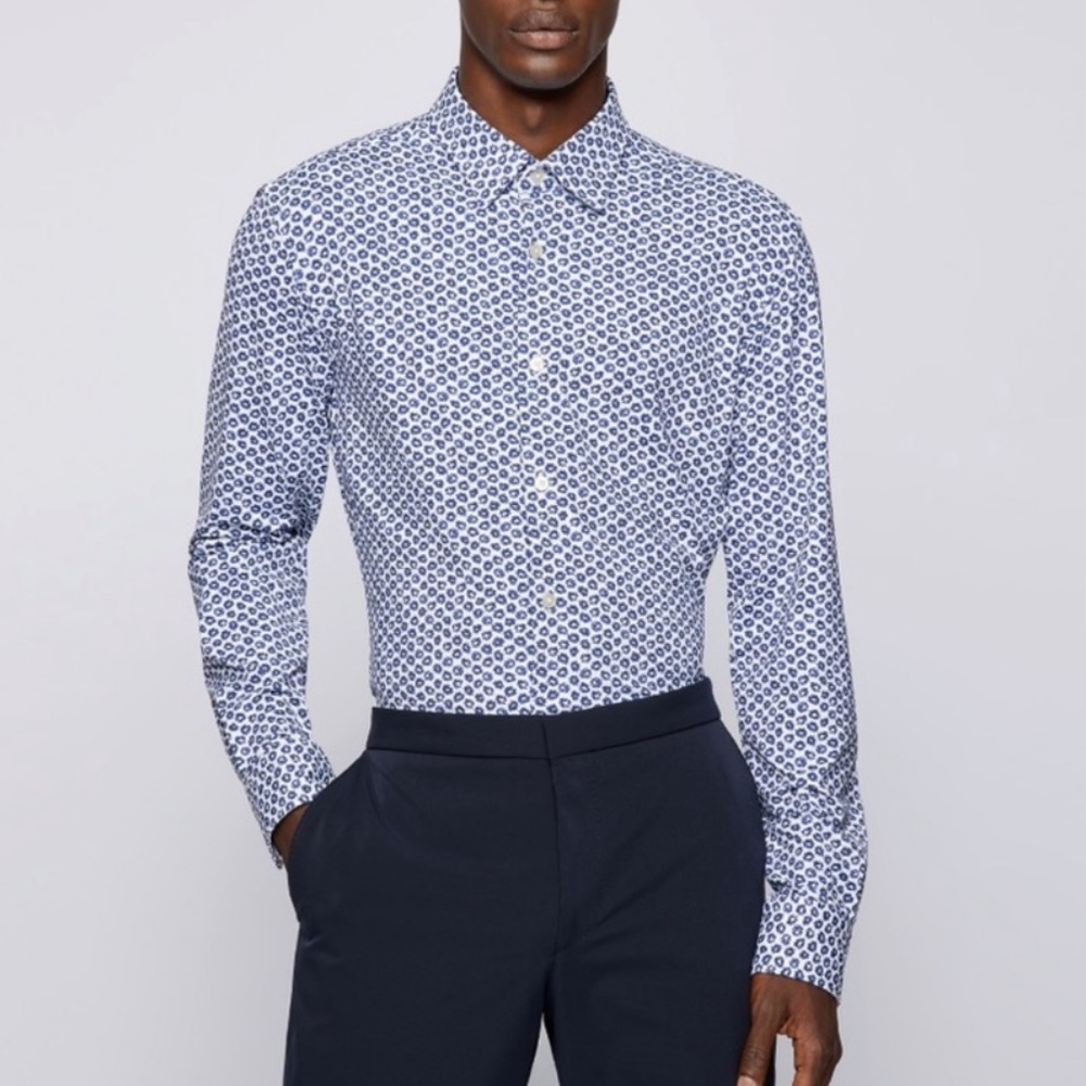Hugo Boss Slim Fit Shirt in Printed Blue and White Stretch Jersey NWOT